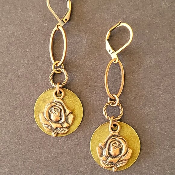 Beautiful ROSE Coin Charm Earrings Copper Brass Lever Back Earwires Two Tone - Picture 1 of 9